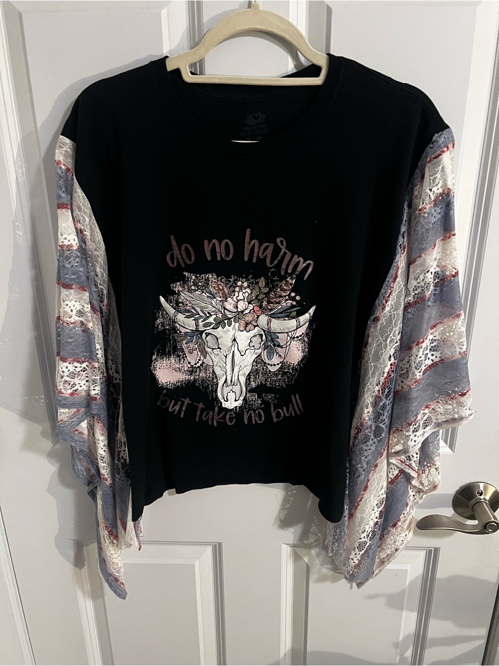 Boho Skull Graphic Top with Sheer Lace Stripe Sleeves - handmade poncho